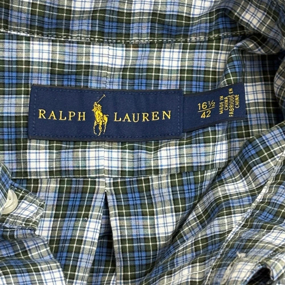 Polo Ralph Lauren Plaid Button Down Shirt Blue Green 16.5 Large